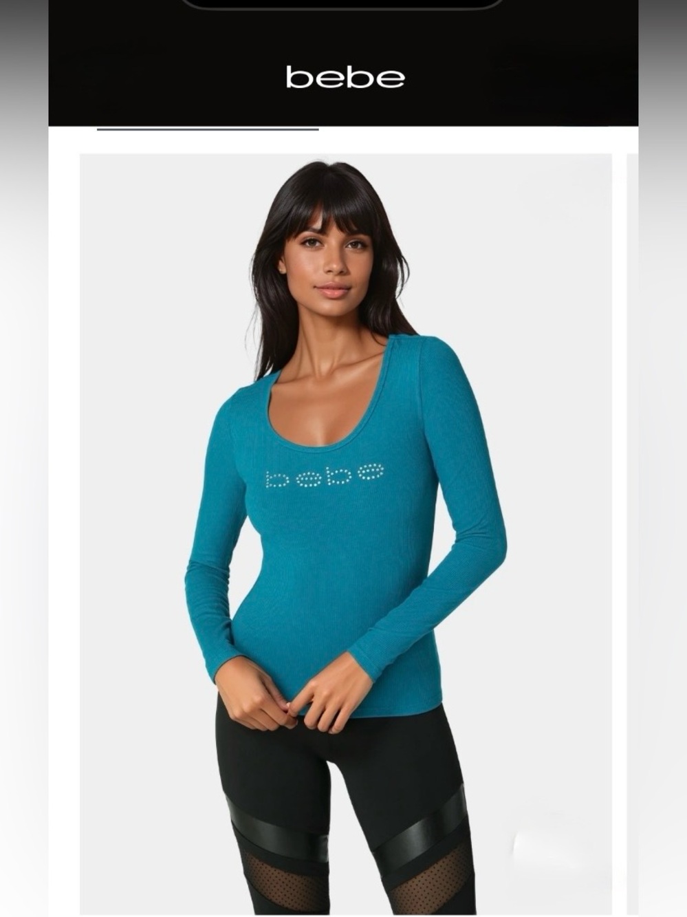 Bebe Logo Long Sleeve Scoop Neck Single Stone Rib Top with Crystal Logo. Size XS